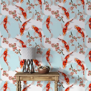 Koi pesce giapponese da laghetto con ramo di Sakaru e fiori carta da parati staccabile e attaccabile carta da parati autoadesiva carta da parati pesce carta da parati rimovibile#72