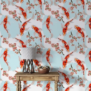 Koi Japanese Pond Fish with Sakaru Branch and Flowers Wallpaper Peel and Stick Wallpaper Self Adhesive Wallpaper Fish Wallpaper Removable#72