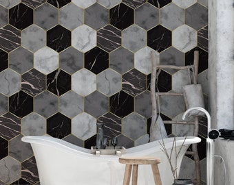 Honingraat verwijderbaar behang / Black and Grey Hexagon Peel and Stick wallpaper / Geometrisch behang - Zelfklevend of traditioneel #160