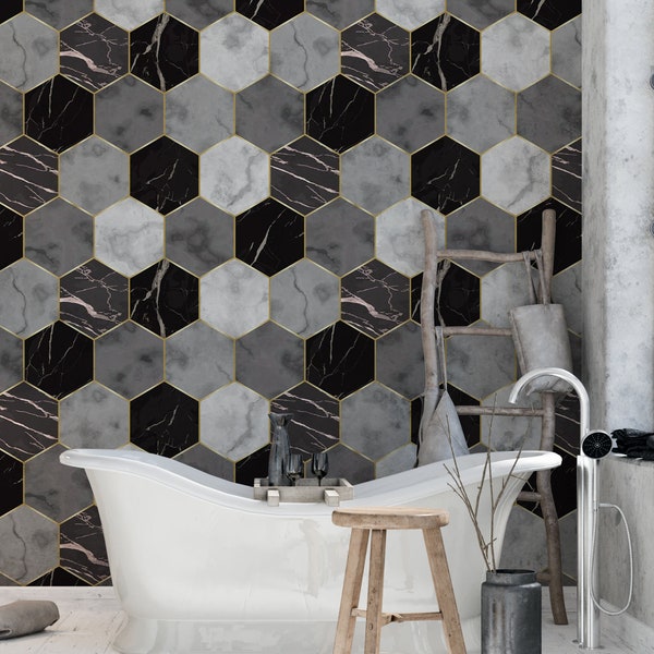 Honeycomb Removable wallpaper / Black and Grey Hexagon Peel and Stick wallpaper / Geometric wallpaper - Self-adhesive or Traditional #160