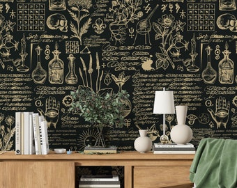 Medicine And Herbal Wallpaper, Retro Style Mural,Peel And Stick Vinyl Wallpaper, Retro style mural, Medicine Wallpaper, Apothecary Wallpaper