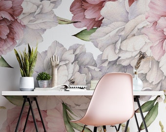 Peony Wall Mural Watercolor for Girl Room. Flower Wallpaper Nursery Kids. Pastel Wallpaper Remove Self Adhesive Wallpaper Peel & Stick #79