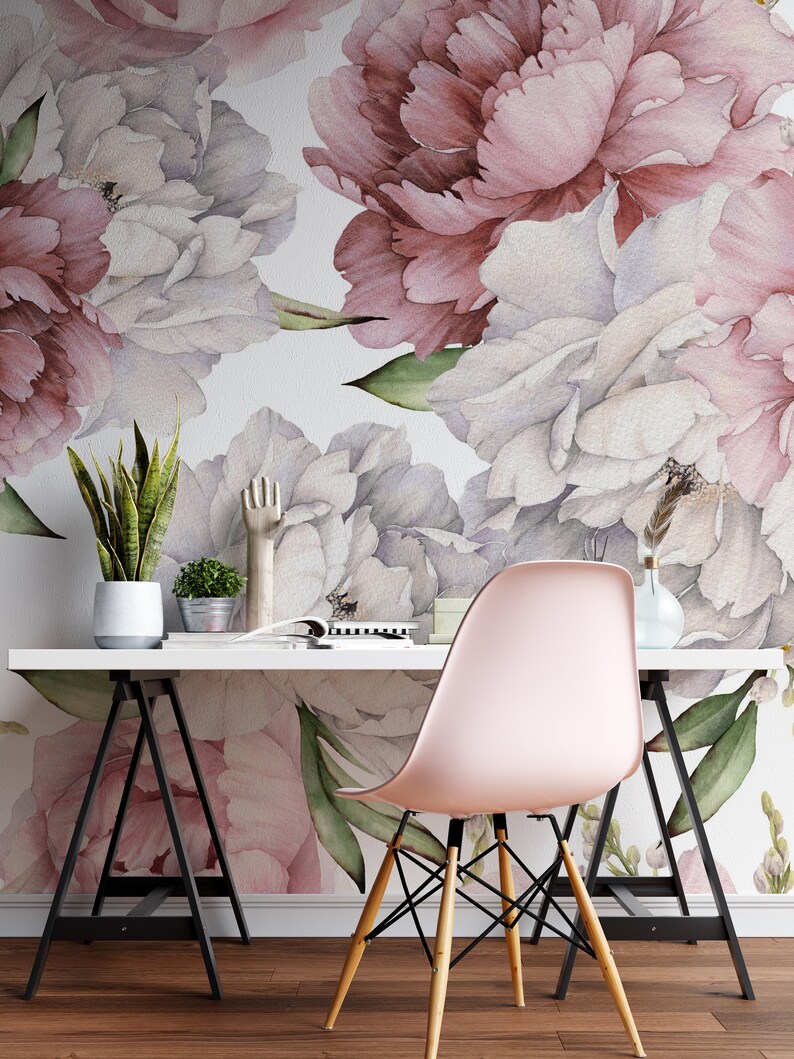 Peony Wall Mural Watercolor for Girl Room. Flower Wallpaper Nursery ...