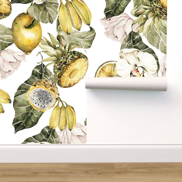 Painted leaves, fruits, lemon, dragon fruit, banana, pineapple,flowers Botanical wall mural peel and stick – Large Vinyl wallpaper removable