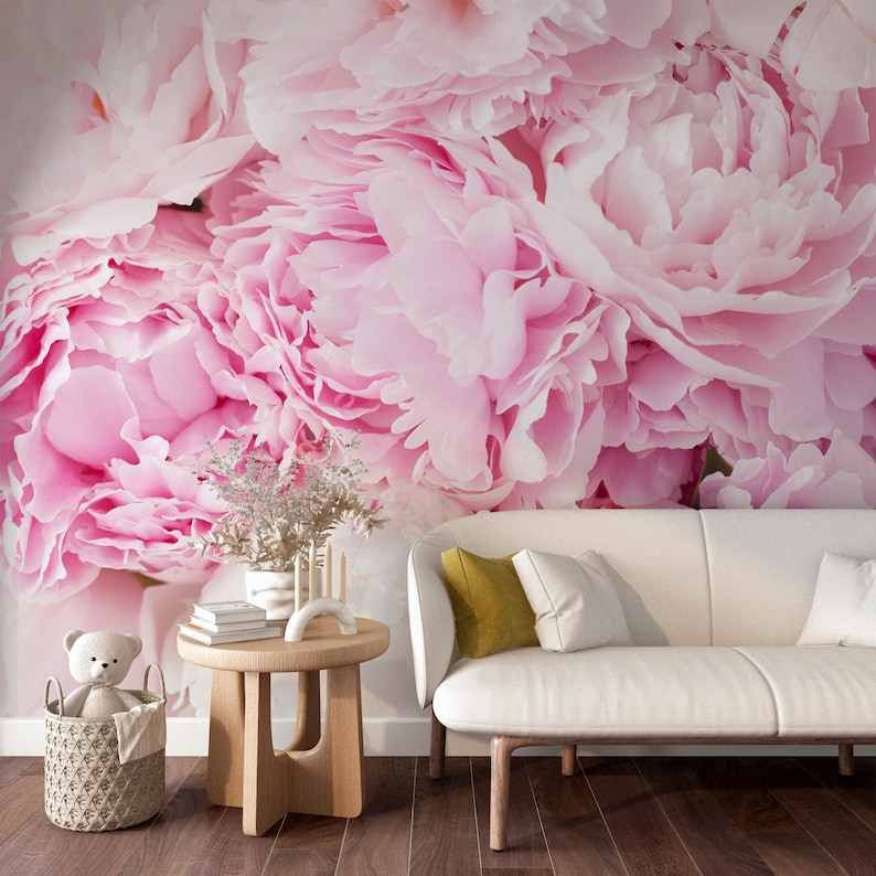 Peony Wallpaper for Nursery, Bouquet of Blooming Pink Peonies Wall ...