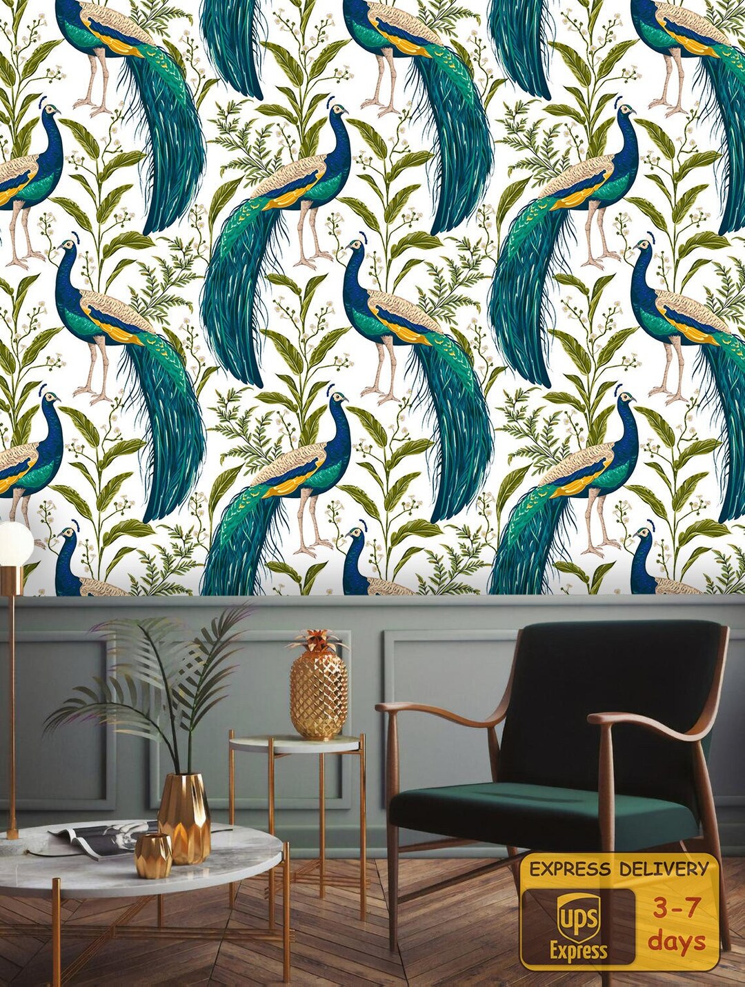 Chinoiserie Wallpaper Peel and Stick, Peacocks