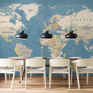 Muurschildering gigantische wereldkaart - verwijderbaar behang wereldkaart - enorme kaart met Peel Stick-stof - politieke wereldkaart politieke blauwe oceaan #19