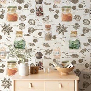 Herbs and spices kitchen peel and stick wallpaper, traditional wallpaper, For Kitchen Vegetable Herbal Pattern Wallpaper Dining Room