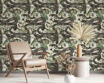 Modern Snake Wallpaper, Peel&Stick and Traditional Wallpaper, Removable and Renter friendly, Wall Decor, Tropical vintage Design #25