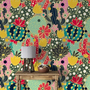 Carta da parati con cactus floreali colorati, carta da parati con piante del deserto, carta da parati con boquet di cactus, carta da parati staccabile e adesiva, carta da parati rimovibile, carta da parati con cactus