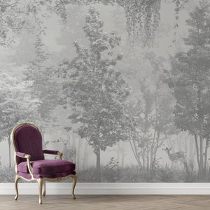 Gray Trees Forest Wallpaper, Black and White Forest Wallpaper, Watercolor Nature Wallpaper
