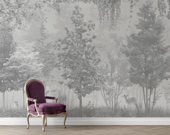 Gray Trees Forest Wallpaper, Black and White Forest Wallpaper, Watercolor Nature Wallpaper