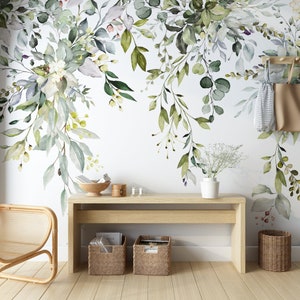 Hängende grüne Blätter und Blumen Tapeten, Aquarell Bäume Wandbild, grüne Blätter Wandbild Peel Stick, selbstklebende botanische Tapete