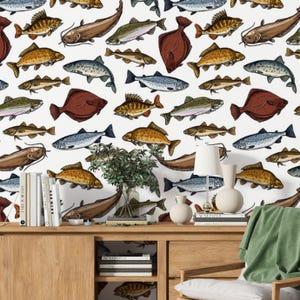 Coastal Fish Wallpaper, Fish Wallpaper from an exotic collection with fish motifs, Ocean Theme Mural, Boho Wall Decor, Beach House