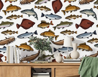 Coastal Fish Wallpaper, Fish Wallpaper from an exotic collection with fish motifs, Ocean Theme Mural, Boho Wall Decor, Beach House