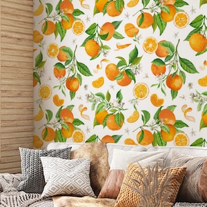 Papel pintado naranja, revestimientos de paredes para cocina, papel pintado con flor de naranja cítrica, mural tropical botánico brillante