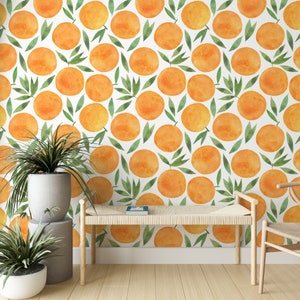 Blühende Zitrus Tapete - Großes Wandbild Orange und Floral | Boho Dekor