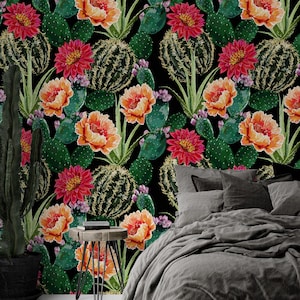 Carta da parati con cactus e fiori tropicali, carta da parati con cactus del deserto, decorazioni con piante botaniche Carta da parati con cactus e piante grasse del deserto, decorazioni botaniche vivaci