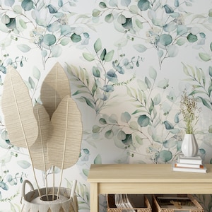 Eucalyptus Wallpaper, Watercolor Wallpaper, Peel and Stick Wallpaper Boho, Botanical Wallpaper, Boho Wallpaper, Floral Wall Mural #320