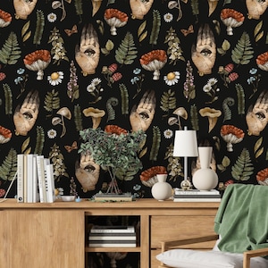 Mystical Wallpaper, Dark Gothic Wallpaper with Witch Hands and Mushrooms, Eye Mural Peel and Stick, Ethnic Wall Covering, Gift for Home