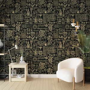 May include: Black and gold wallpaper with a repeating pattern of botanical illustrations, alchemical symbols, and handwritten text. The pattern includes flowers, plants, herbs, and other natural elements.