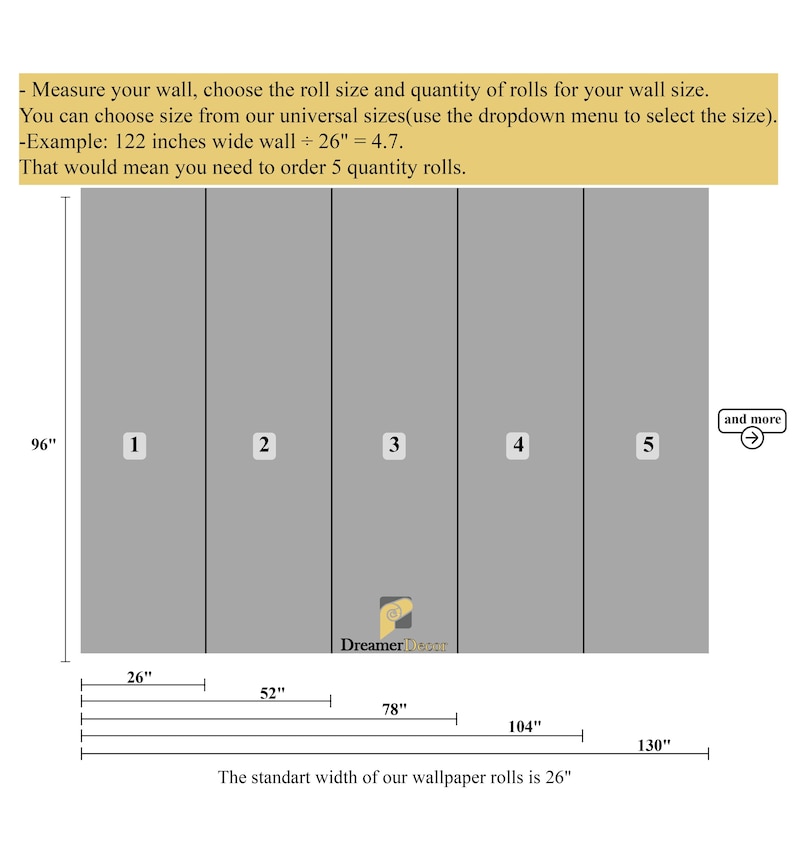 May include: Diagram illustrating wallpaper roll sizing. The image shows five vertical panels, each 26 inches wide, with measurements for wall width and height. Text provides instructions on calculating the number of rolls needed based on wall size.