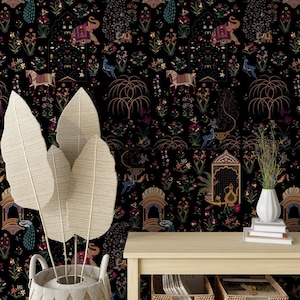 Indiaas Peel-and-Stick-behang, donker behang, boho-behang, Indiase muurmuurschildering, tuinbehang, Indiaas Peel-and-Stick-behang