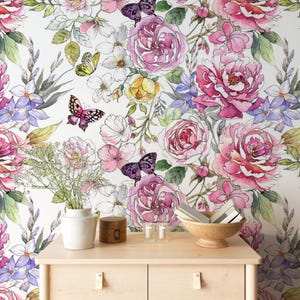 Wild Flowers Peel and Stick Wallpaper Mural, Field Flowers Wallpaper, Butterflies Wallpapers, Wildflower Meadow Wallpaper with Butterflies