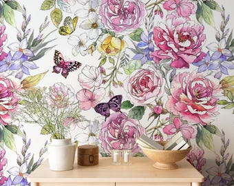 Wild Flowers Peel and Stick Wallpaper Mural, Field Flowers Wallpaper, Butterflies Wallpapers, Wildflower Meadow Wallpaper with Butterflies