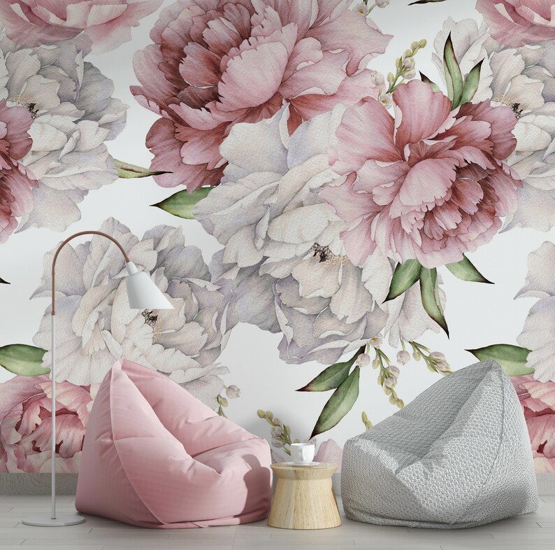 Peony Wall Mural Watercolor for Girl Room. Flower Wallpaper Nursery ...