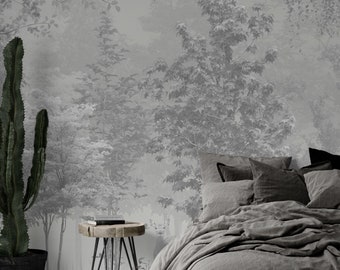 Gray Trees Forest Wallpaper, Black and White Forest Wallpaper, Watercolor Nature Wallpaper