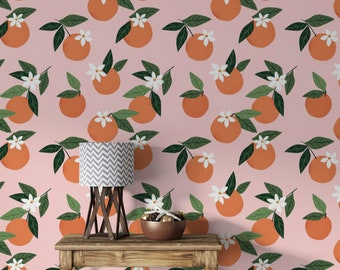 Orange Wallpaper on pink Background, Peel and Stick Wallpaper Self Adhesive Wallpaper Fruit Wallpaper Removable Wallpaper kitchen wall