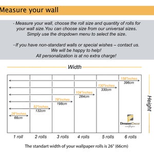 May include: Diagram showing how to measure a wall for wallpaper. The diagram shows the width of a wall in inches and centimeters, with each section representing a roll of wallpaper. The standard width of a wallpaper roll is 26 inches (66 cm).