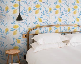 Yellow Lemon Citrus Fruit Wallpaper - Bright Botanical Watercolor Mural - Kitchen Wall