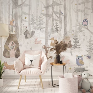 Forest Mural Wallpaper, Nursery Wallpaper, Nursery Woodland Decor, Nursery Decor, Kids Room Decoration, Nursery Wall Mural, Kids Wallpaper