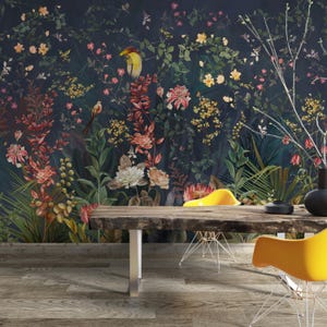 Chinoiserie Floral and Birds Wallpaper, Chinoiserie Wallpaper, Blooms Wallpaper, Removable Wallpaper, Peel and Stick Wallpaper