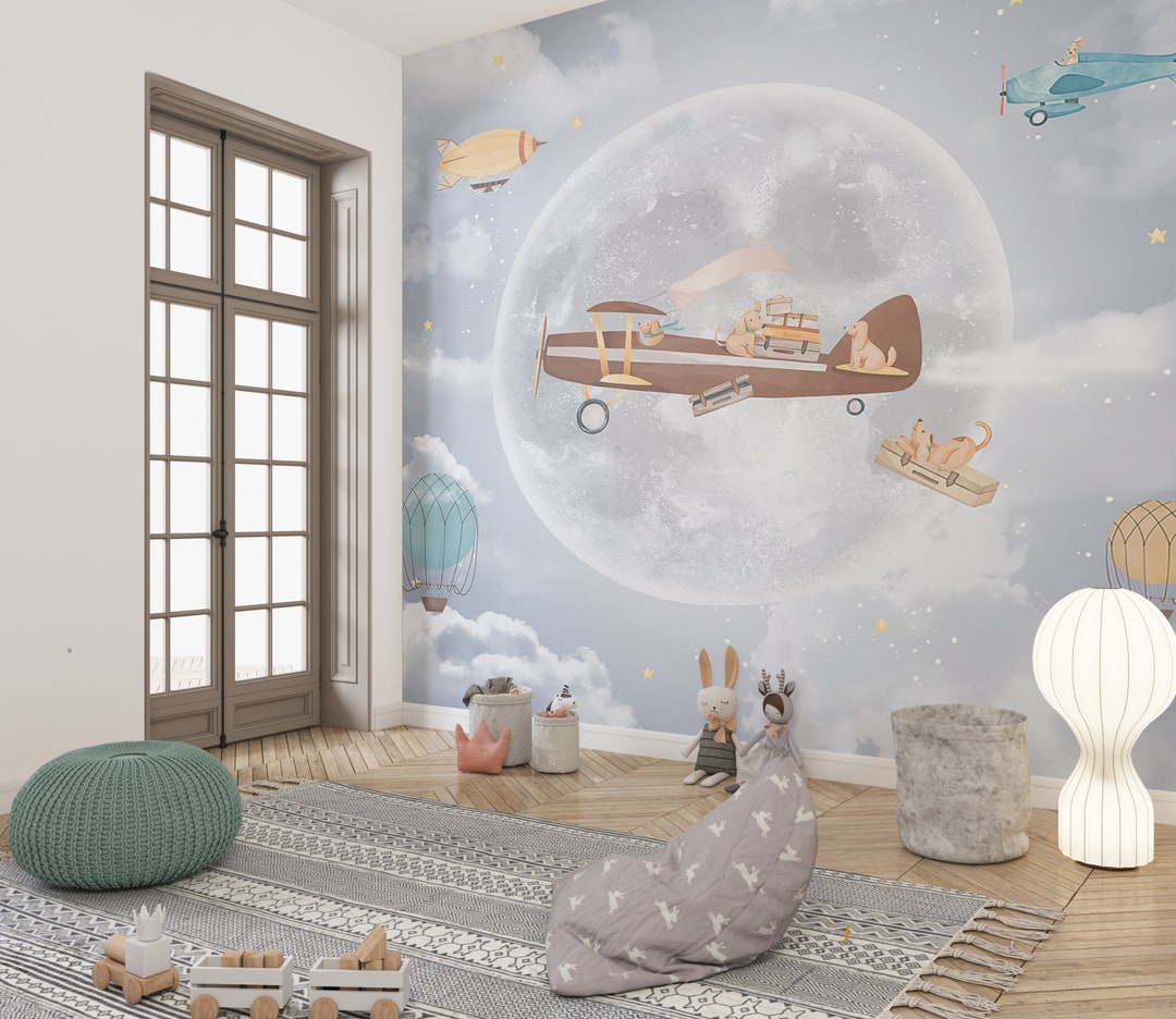 Aircraft and Full Moon Nursery Wallpaper, Retro Plane on Sky Kids Wall Mural, Cloud and Stars