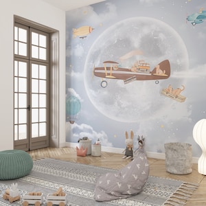 Aereo e Full Moon Nursery Wallpaper, Aereo retrò su Sky Bambini Murale, Nube e stelle Wall Art, Aeroplano Baby Room Wall Decor