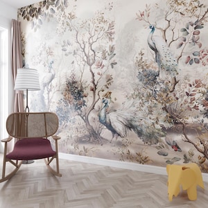 Vintage Bird and Flower Wallpaper, Chinoiserie Wallpaper Peel and Stick, Botanical art Mural, Removable Wallpaper, Self Adhesive Wallpaper