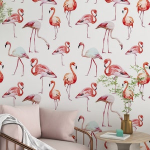 Flamingos Watercolor Removable Wallpaper | Peel & Stick Fabric Wallpaper | Flamingo Bird Wall Decor #153