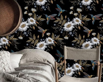 Floral Hummingbird Peel and Stick Wallpaper, Floral Wallpaper, Hummingbird Wallpaper, Vintage Look Wallpaper, Floral Home Decor
