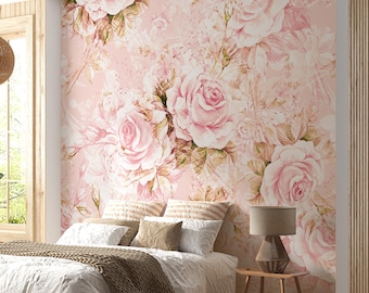 Floral Wallpaper, Nursery Wallpaper, Baby Wallpaper, Nursery Wall Decor, Pink Wallpaper, Girls Romantic Rose Garden Vintage Floral