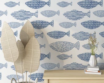Blue Wallpaper, Fish Wallpaper Peel and Stick, Lake House Decor, Fishing Wall Paper, Cottage Wall Décor