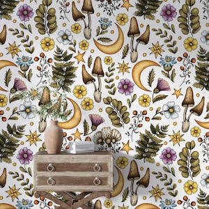 Vintage Woodland Wallpaper, Mushroom Wallpaper, Botanical Wallpaper Peel and Stick, Old Forest Wallpaper, Removable Self Adhesive Wall Mural