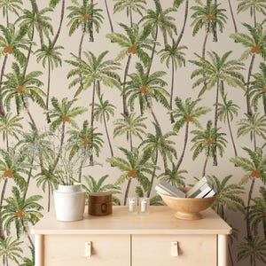 Carta da parati vintage con palme, illustrazione costiera verde, decorazione per case sulla spiaggia tropicale, staccabile e preincollabile