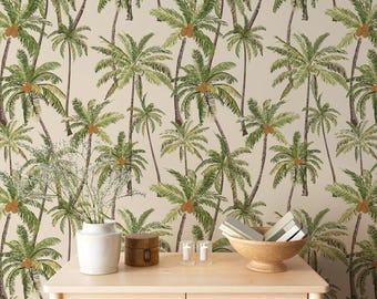 Vintage palmboombehang, groene kustillustratie, tropisch strandhuisdecor, peel & stick en voorgelijmd