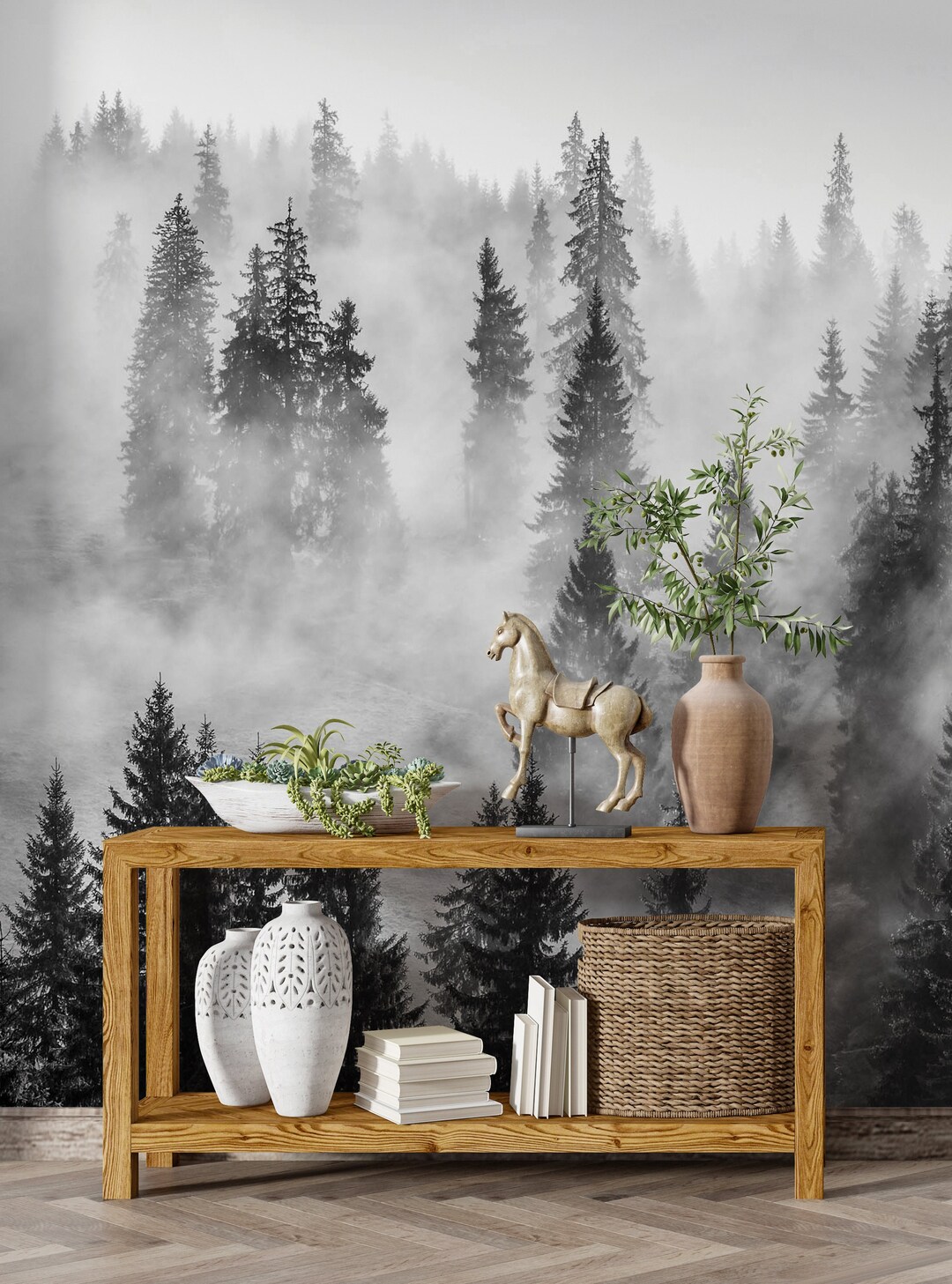 Misty Forest Wallpaper Peel and Stick, Foggy Forest Wall Mural, Nature ...