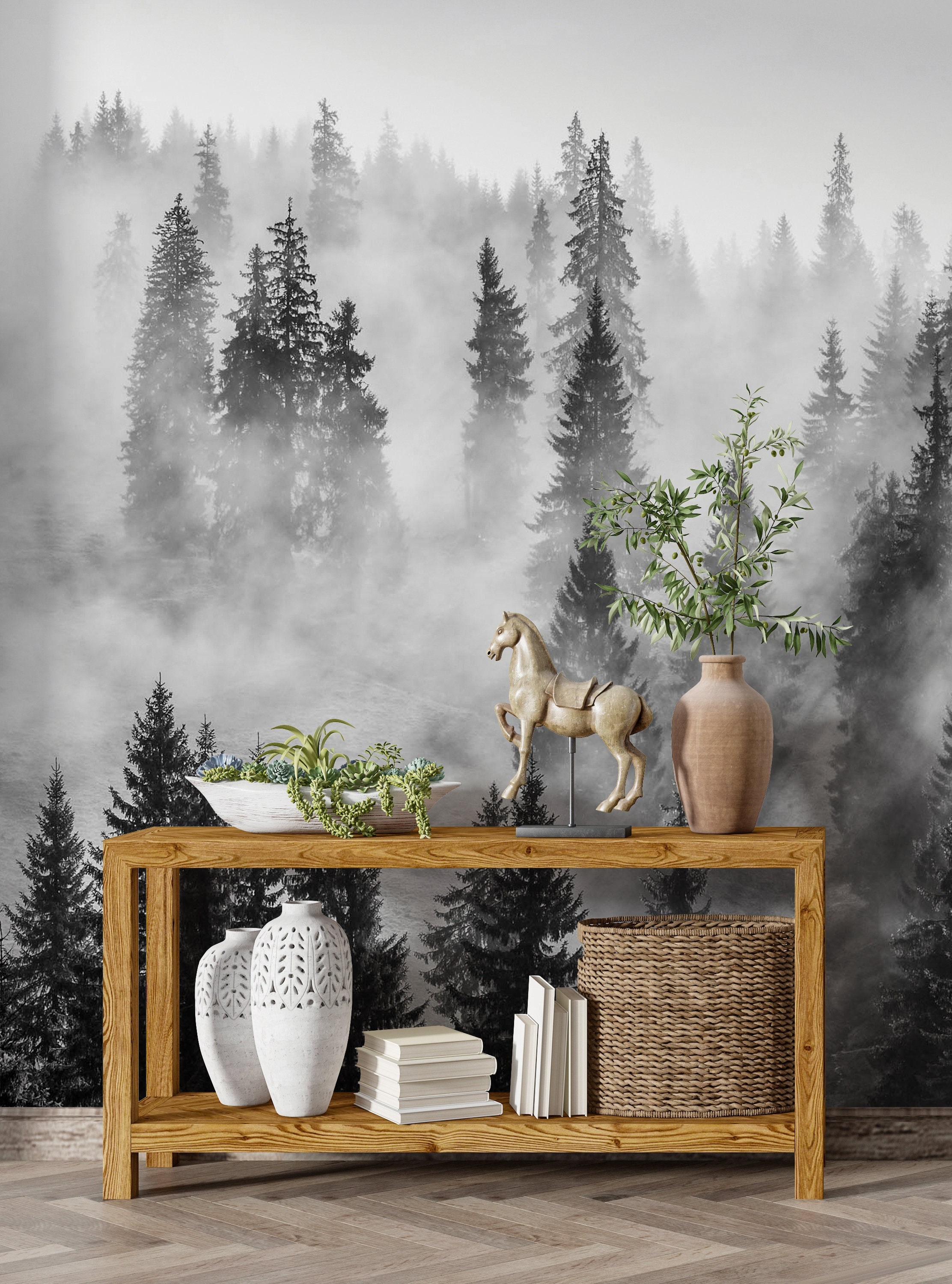 Misty Forest Wallpaper Peel and Stick, Foggy Forest Wall Mural, Nature ...