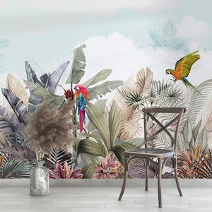 Carta da parati murale con uccelli tropicali colorati, carta da parati con foglie tropicali, decorazione murale con paradiso esotico per uccelli, decorazione per la casa per gli amanti della natura