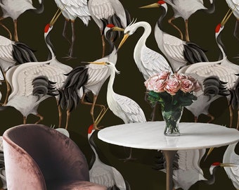 Black Storks Birds Wallpaper, Peel and Stick, Heron Asian Wallpaper, Vintage Crane Wall Art, Temporary Wallpaper,Chinese Birds wallpaper #56